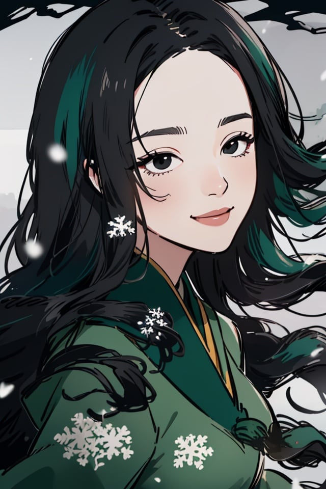 watercolor painting,masterpiece,best quality,1girl,smile,(wear green hanfu:1),black and green swirling vortexes black cloudy and smoke and black background,(snowing),(( swirling vortexes black and green hair)),((long Hair)),((right side)),emotional face,close up,