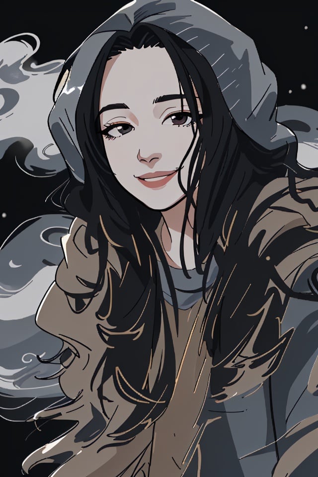 enji, watercolor painting, masterpiece, best quality, 1girl, smile, (wear Hooded down jacket:1), black and golden swirling vortexes black cloudy and smoke and black background, (snowing) (( swirling vortexes black and golden hair)), ((long Hair)), ((right side)), emotional face, close up 