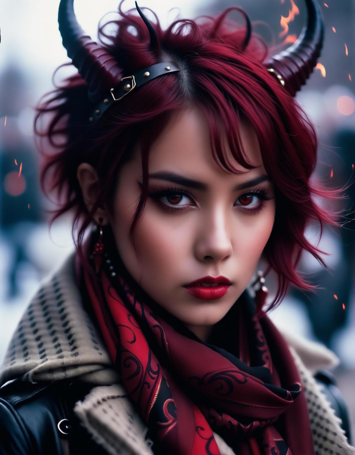 photograph, punk young_female_demon, red skin tone, (VAE batch), dark eyesLight hair styled as Wavy, Horns, Scarf, Lonely, hell, fire, Decopunk, film grain, Phase One XF IQ4 150MP, 35mm, art by Bojan Jevtic