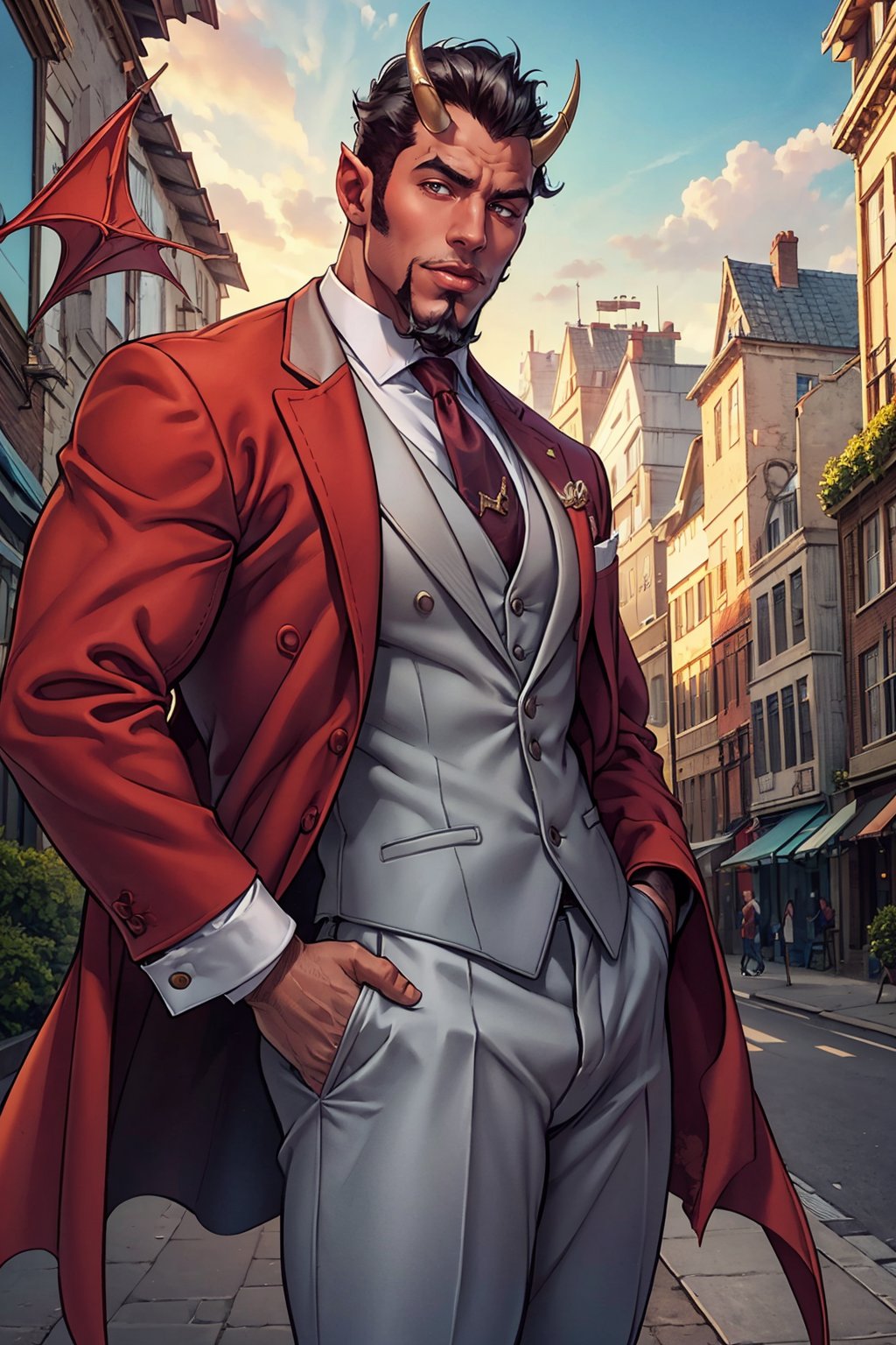 Masterpiece, best quality, diabolos,red skin,horns,sideburns,goatee, BREAK, elegant suit, (smile:0.5),  manly man, city, outdoors,  dutch angle, sexy, looking at viewer.