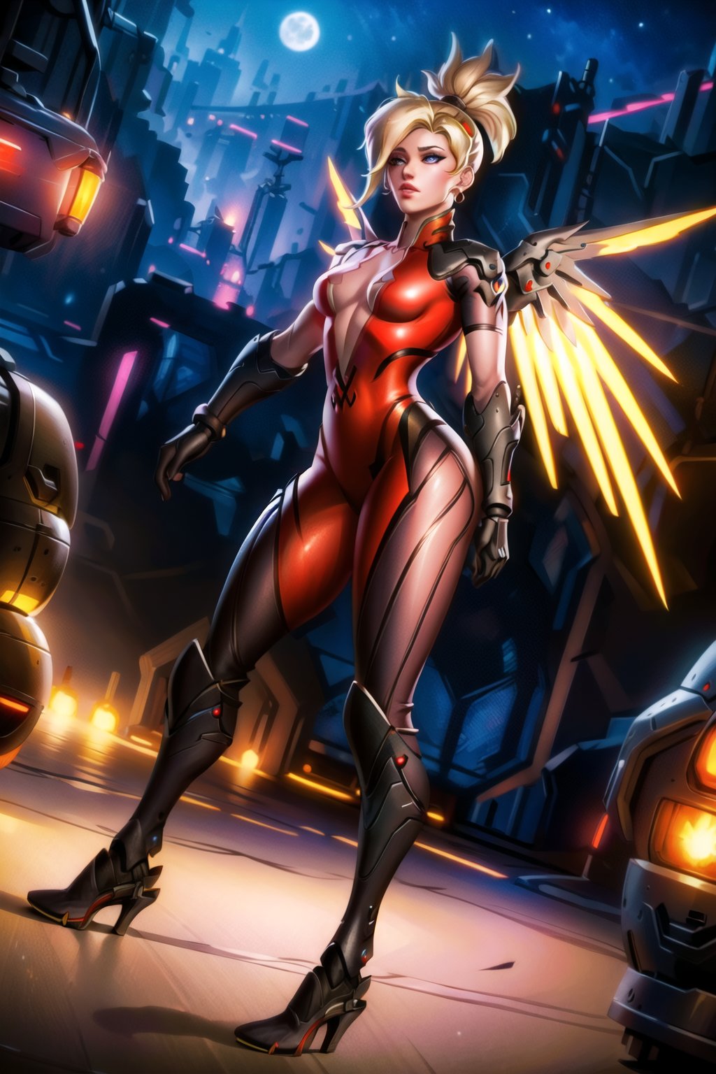 ((best quality)), ((highly detailed)), masterpiece, ((official art)), (mercy, high ponytail, hair tie),  (lips), parted_lips, (widowsuit:1.2), black gloves, hoop earrings, medium breasts, tattoo, (arm tattoo:1.2) ,(pose:1.3), best quality, masterpiece, intricate details, scenary, outdoors, street, nigth, moon, (cyberpunk:1.2), star_(sky), spacecraft,trending on Artstation,  ,widowsuit,arm tattoo,empty eyes