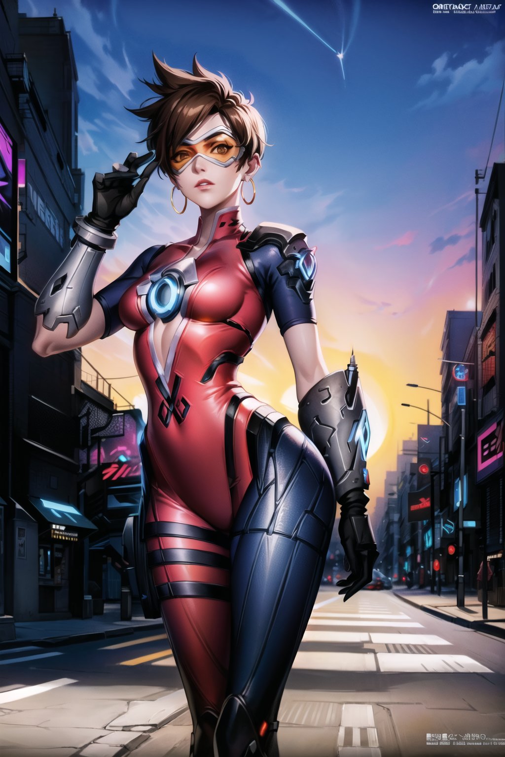 ((best quality)), ((highly detailed)), masterpiece, ((official art)), (tracer_overwatch, goggles, orange goggle),  (lips), (parted_lips), (expressionless), ice,ice, (widowsuit:1.2), black gloves, ((hoop earrings)), medium breasts, tattoo, (arm tattoo:1.2) ,(pose:1.3), best quality, masterpiece, intricate details, scenary, outdoors, street, nigth, moon, (cyberpunk:1.2), star_(sky), spacecraft,trending on Artstation,  ,widowsuit,arm tattoo,empty eyes