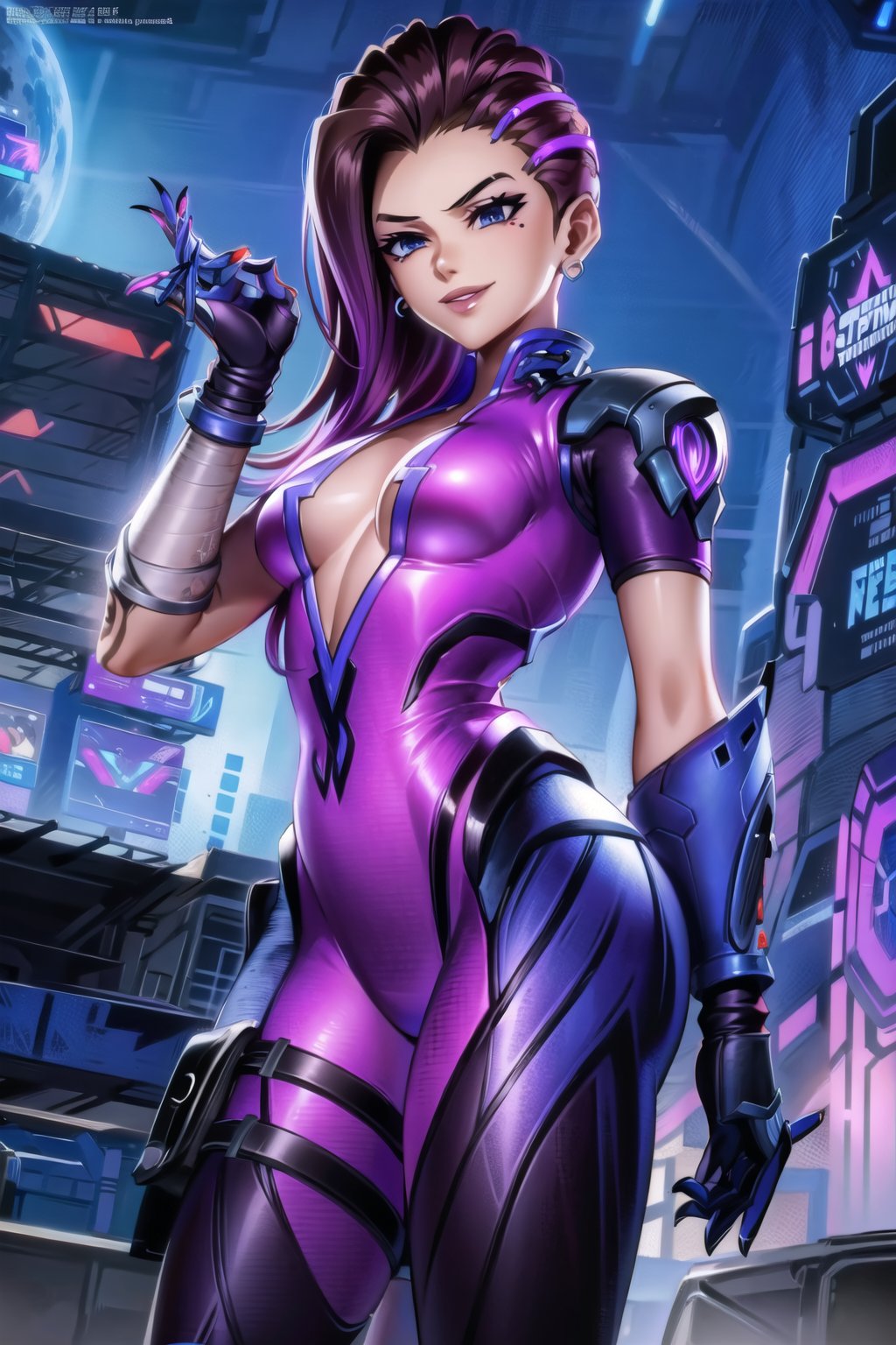 ((best quality)), ((highly detailed)), masterpiece, ((official art)), (owsombra,), (lips), smile, (widowsuit:1.2), black gloves, hoop earrings, medium breasts, tattoo, (arm tattoo:1.2) ,(seductive pose:1.3), best quality, masterpiece, intricate details, scenary, outdoors, street, nigth, moon, (cyberpunk:1.2), star_(sky), spacecraft,trending on Artstation,  ,widowsuit,arm tattoo