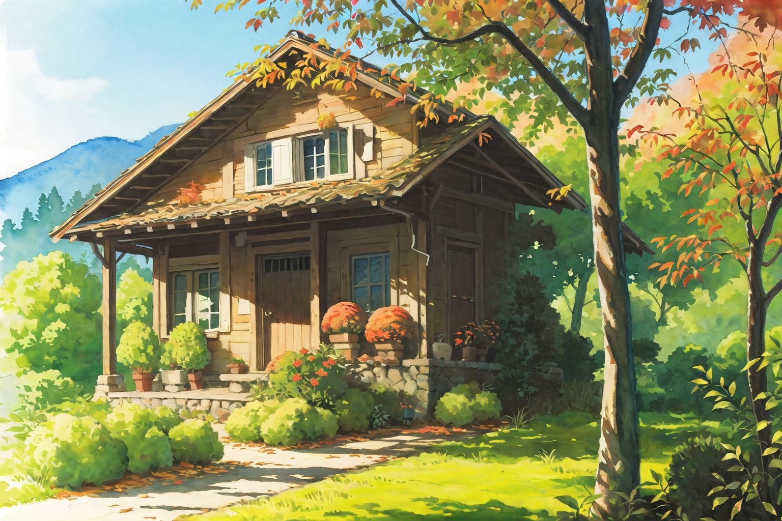 fall_leaves, autumn_leaves, old house, forest,watercolor