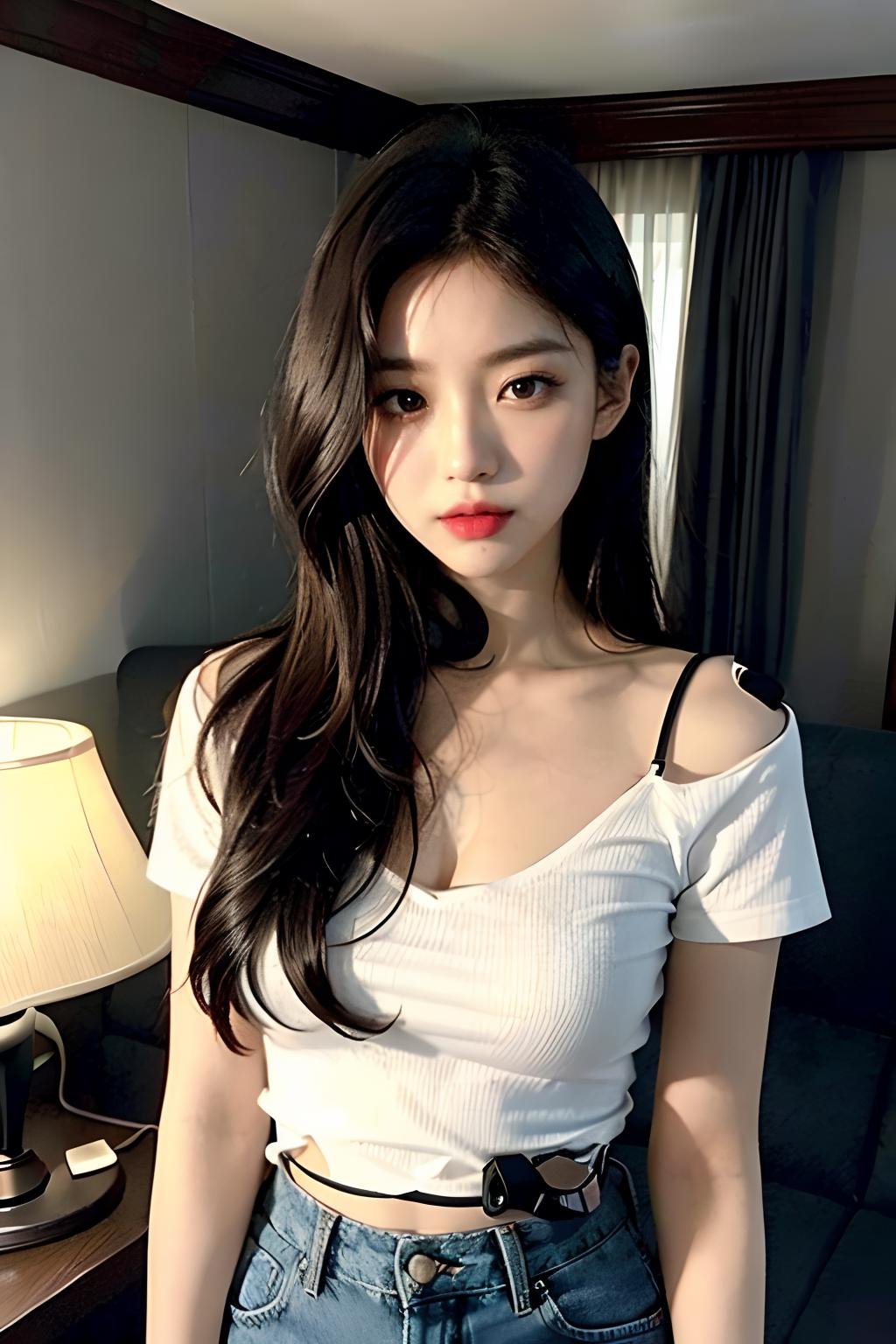 1girl,  solo,  korean,  korea,  korean girl,  cute,  lips,  red lips,  beautiful face and body,  (real human skin:1.1,  pores:1.1,  high detailed pores skin:1.2),  extremely detailed eyes and face,  perfect eyes,  detailed small vein skin,  bright eyes,  ((clear eyes:1.2)),  RAW,  (Masterpiece),  8k,  uhd,  raw photo,  Best quality,  Photo realistic,  (film grain:1.3),  (High quality shadow):1.4,  professional lighting,  (((cinematic light:1.3))),  ((realistic lighting)),  (((korea hotel,  livingroom,  beds,  interior,  lamp,  window))),  ((white wide short denim pants:1.2,  black square neck sleevless shirt:1.2,  medium breast:1.2)),  ((shoulder length hair:1.5,  black_brown color hair))