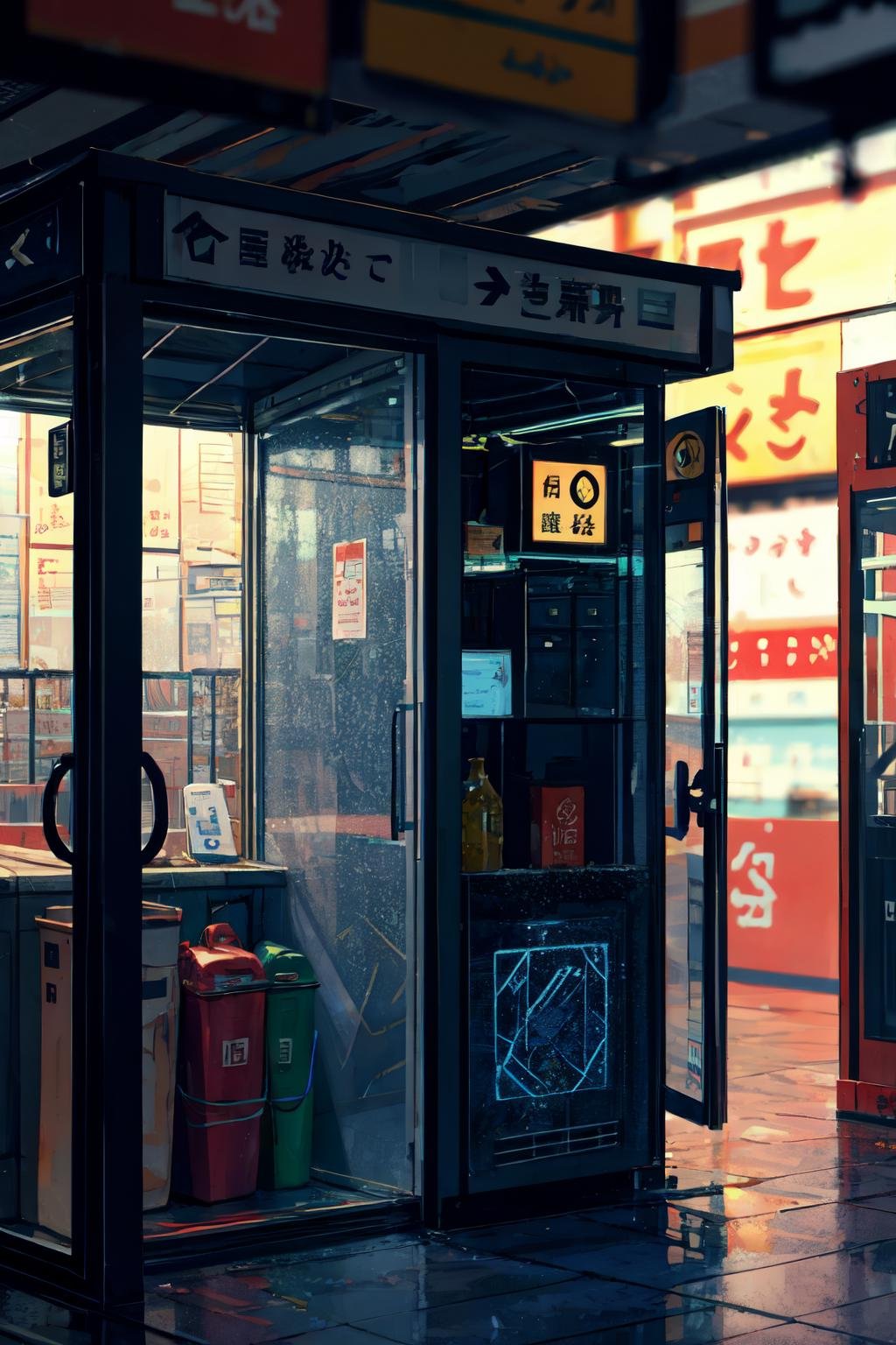 guweiz style, scenery, no humans, blurry foreground, blurry, door, phone booth, <lora:guweiz_style:1>