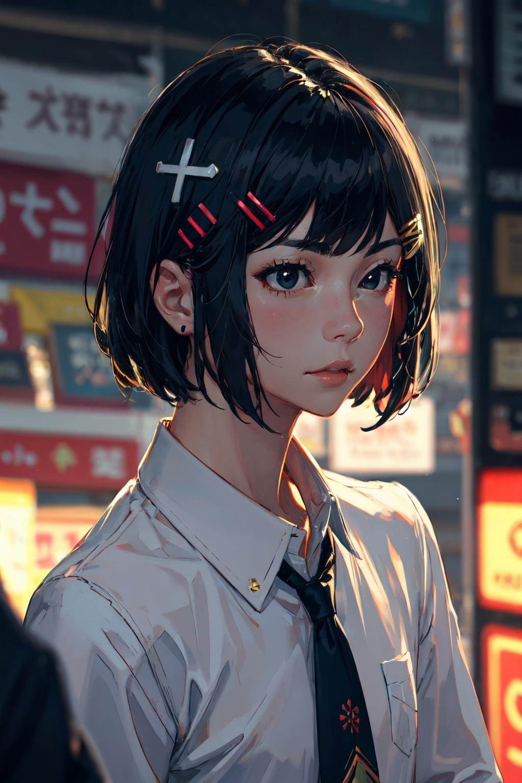 guweiz style, black hair, hairclip, solo, lips, closed mouth, long sleeves, solo focus, upper body, short hair, collared shirt, black eyes, blurry, hair ornament, 1girl,  blurry background, white shirt<lora:guweiz_style-10:1>