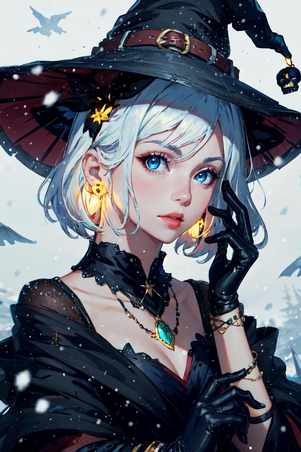 guweiz style, blue eyes, looking at viewer, black gloves, upper body, own hands together, solo, earrings, hat, necklace, snowing, jewelry, 1girl, witch hat, black hair, skull, lips, gloves, witch<lora:guweiz_style:1>