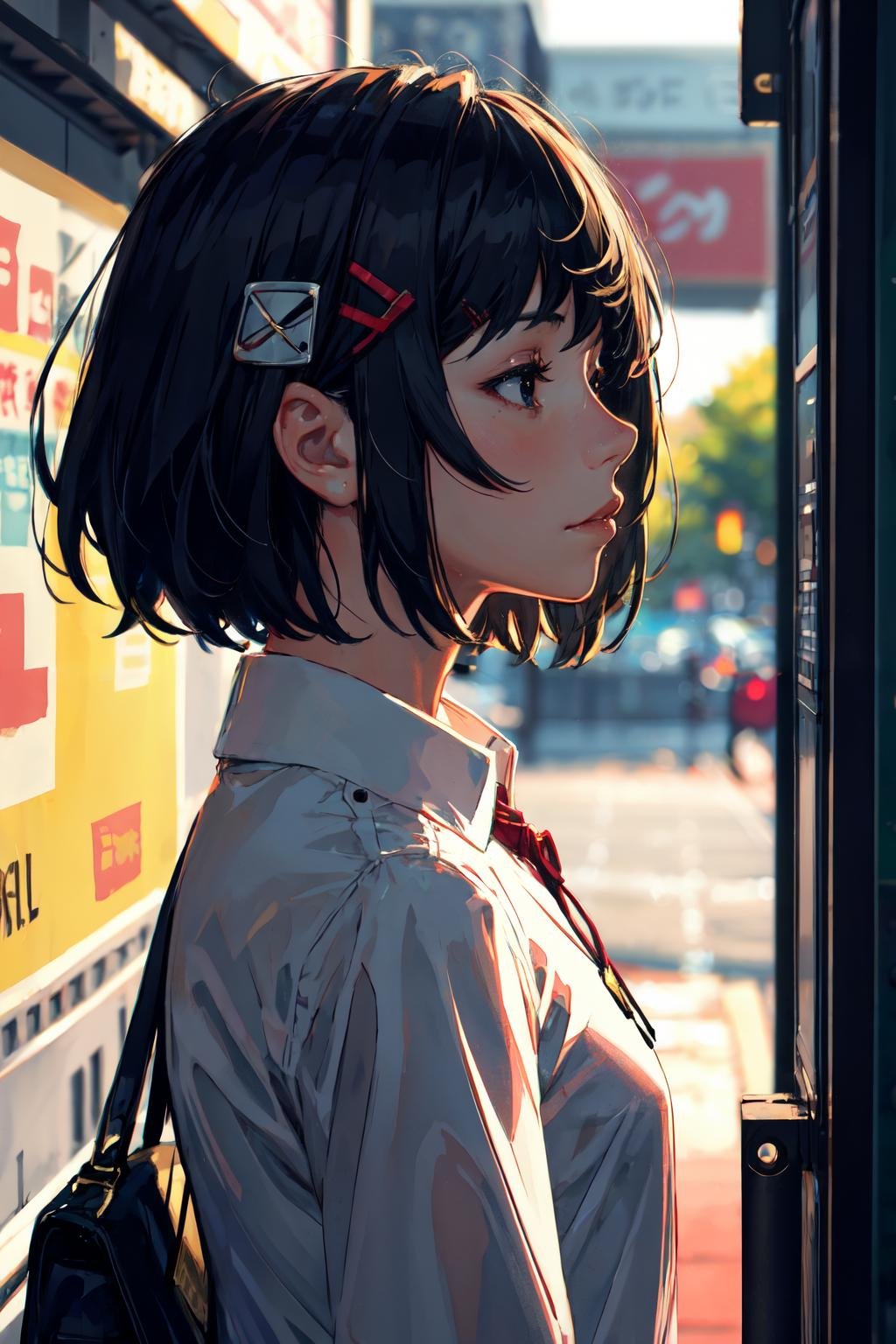 guweiz style, black hair, hairclip, solo, lips, closed mouth, long sleeves, solo focus, upper body, short hair, collared shirt, black eyes, blurry, hair ornament, 1girl,  blurry background, white shirt,from side<lora:guweiz_style:0.8>