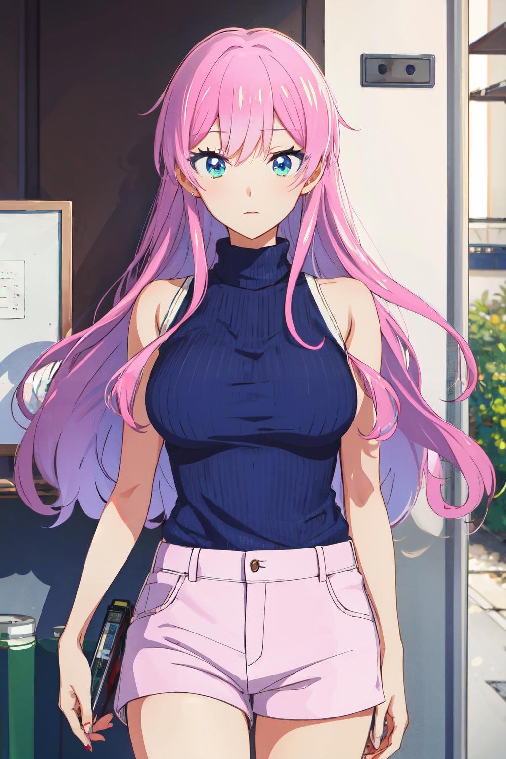 <lora:akari_watanabe:1>akari watanabe, long hair, solo,  pink hair, blue eyes, looking at viewer, large breasts,  1girl , turtleneck, shorts