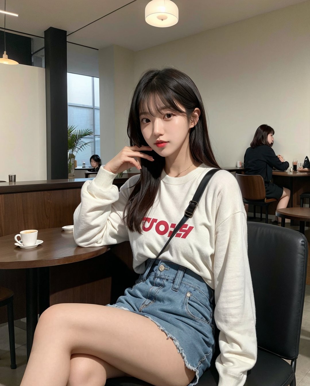 1girl, solo, korean girl, sns style, instagram style,  in the cafe, cafe, iced americano, sitting on chair