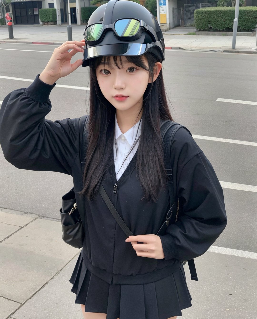 1girl, solo, korean girl, sns style, instagram style, aged down, long hair, helmet, goggles on headwear, pointy ears, school uniform, serafuku, street, standing, backpack,