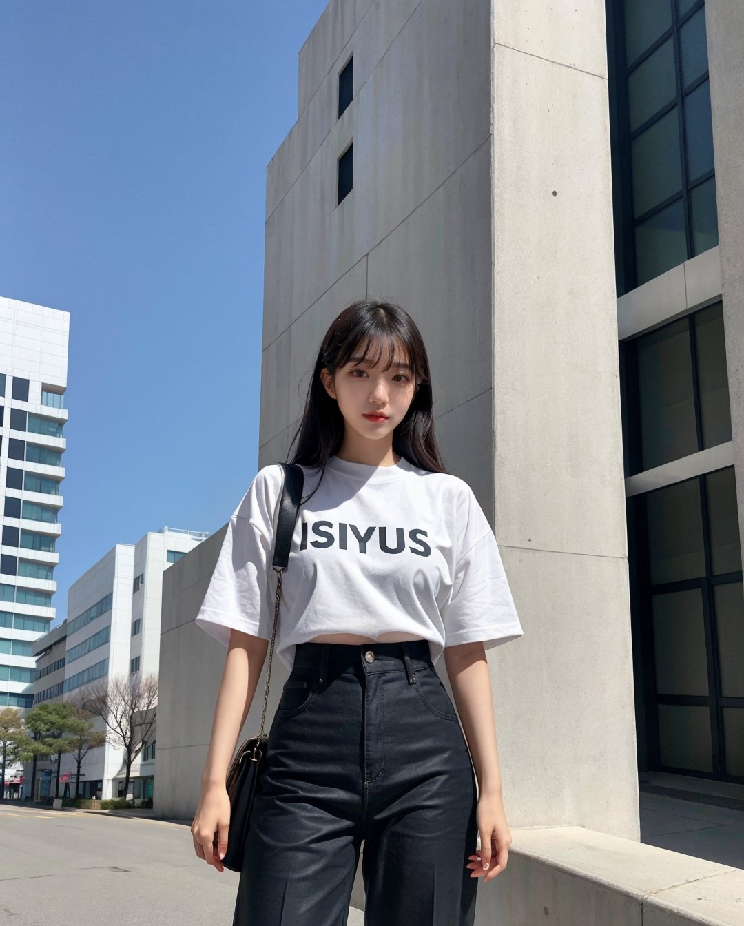 1girl, solo, korean girl, sns style, instagram style, a woman standing in front of a tall building, trending on society, futurism, white background, art on instagram