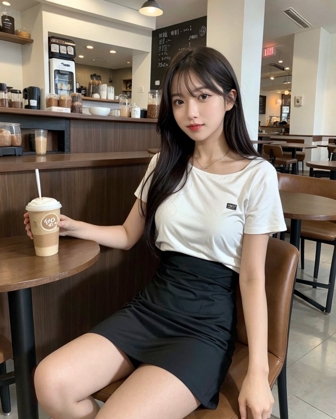 1girl, solo, in the cafe, cafe, coffee,sitting on chair