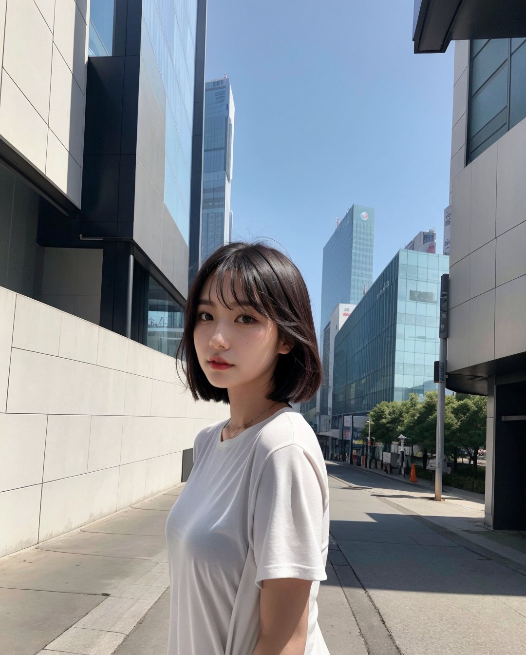 1girl, solo, korean girl, sns style, instagram style, a woman standing in front of a tall building, trending on society, futurism, white background, art on instagram