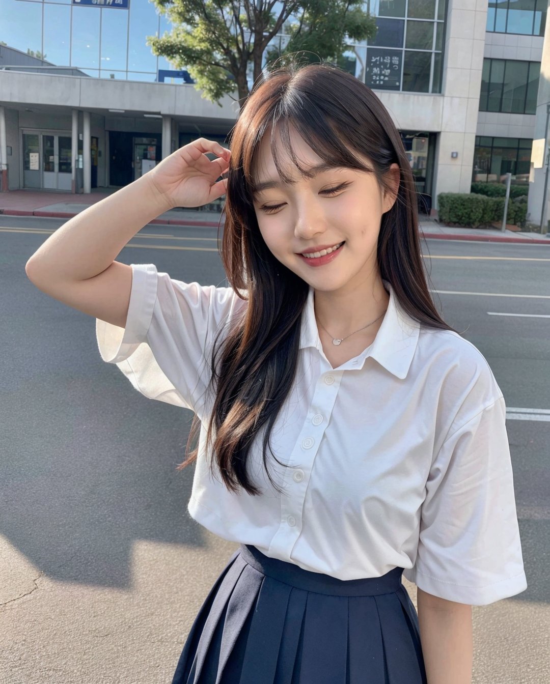 1girl, solo, korean cute girl, cute, (instagram style,  art on instagram), (full_body_shot:1.2), photorealistic, (one eye closed, wink:1.2), (wearing school uniform), happy smile, laugh, open mouth,  45 angle, cowboy shot, looking at viewer, BREAK, slender,  <lora:mix4:0.2>