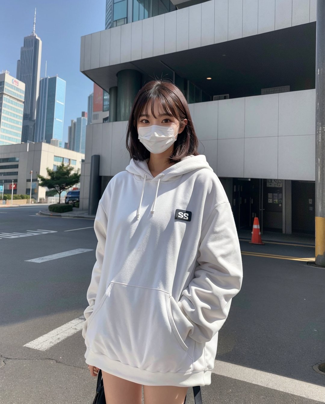 1girl, solo, korean girl, sns style, instagram style, a woman standing in front of a tall building, trending on society, futurism, white background, art on instagram