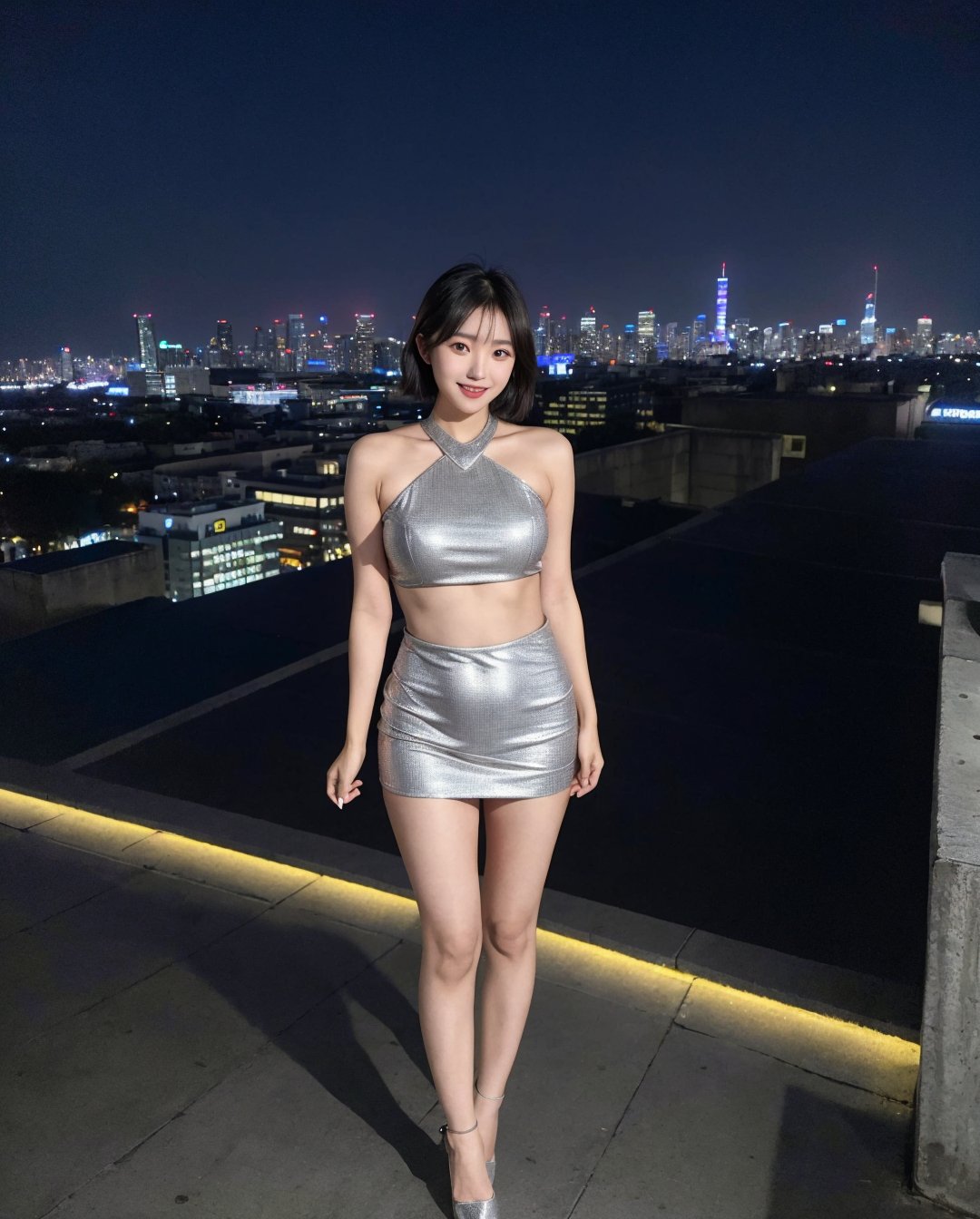 1girl, solo, korean girl, sns style, instagram style, very big boobs, very wide hips, serious expression, full body, tight mini silver dress, stiletto heels, ((standing against a city skyline at night)), (rooftop), ((navel)), arms behind back, short hair, smile,