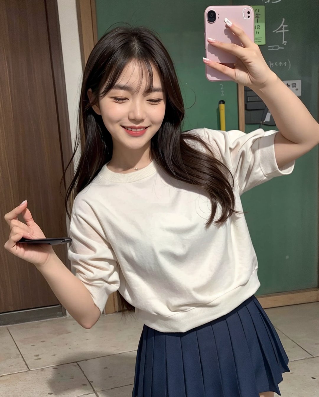 1girl, solo, korean cute girl, cute, (instagram style,  art on instagram), (full_body_shot:1.2), photorealistic, (one eye closed, wink:1.2), (wearing school uniform), happy smile, laugh, open mouth, selfie, 45 angle, cowboy shot, looking at viewer, BREAK, slender,  <lora:mix4:0.2>