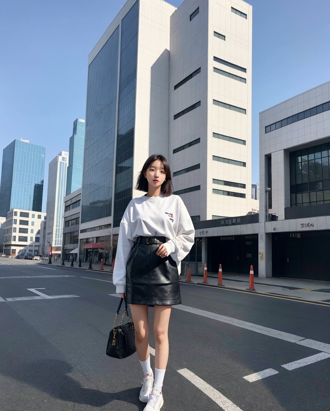 1girl, solo, korean girl, sns style, instagram style, a woman standing in front of a tall building, trending on society, futurism, white background, art on instagram