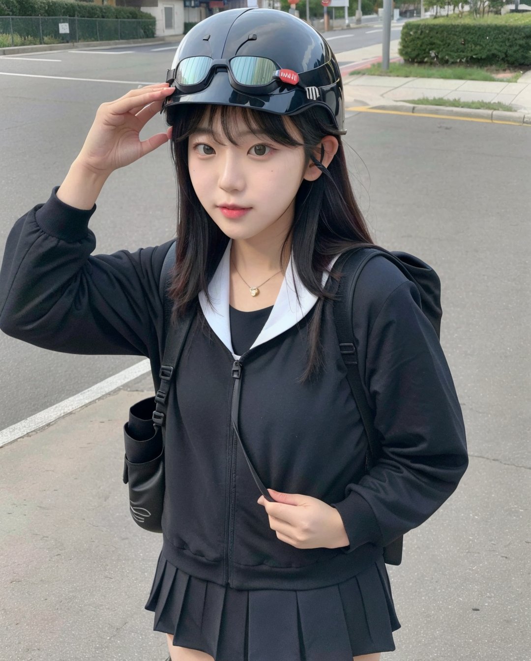 1girl, solo, korean girl, sns style, instagram style, aged down, long hair, helmet, goggles on headwear, pointy ears, school uniform, serafuku, street, standing, backpack,