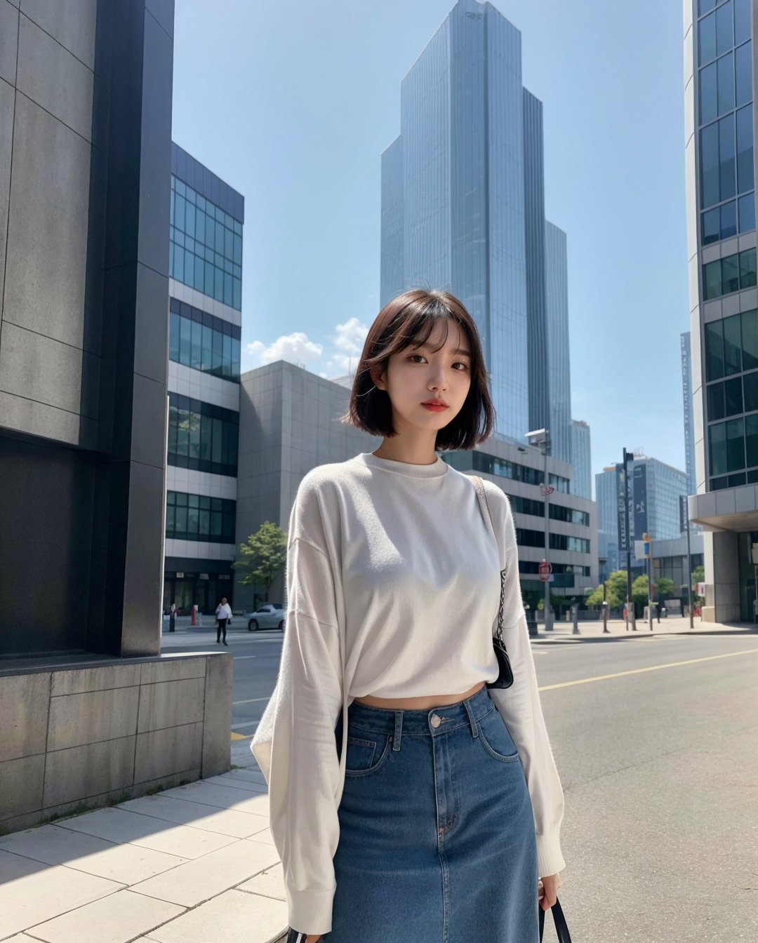 1girl, solo, korean girl, sns style, instagram style, a woman standing in front of a tall building, trending on society, futurism, white background, art on instagram