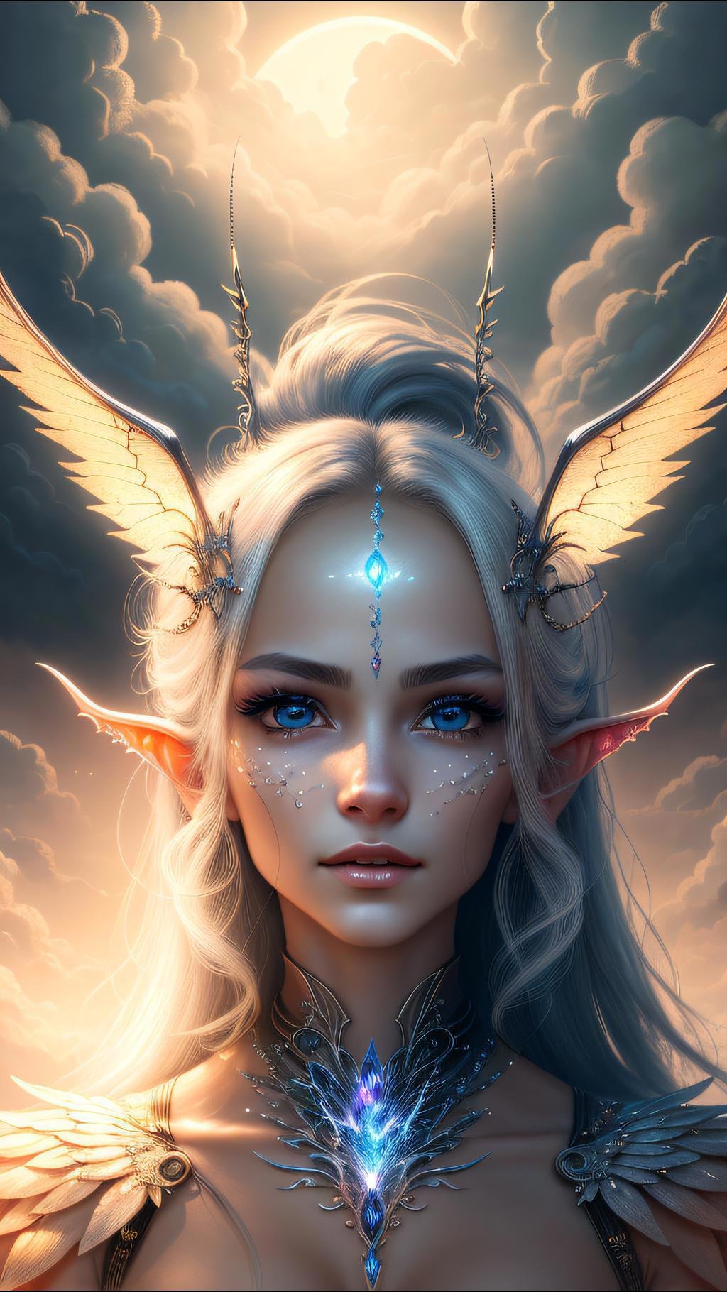 (ultra realistic, best quality, masterpiece, perfect face) , alluring succubus, ethereal beauty,  <lora:Animesh-Lora:1>, perched on a cloud, (fantasy illustration:1.3), enchanting gaze, captivating pose, delicate wings, otherworldly charm, mystical sky, moonlit night, soft colors, (detailed cloudscape:1.3), (high-resolution:1.2) 