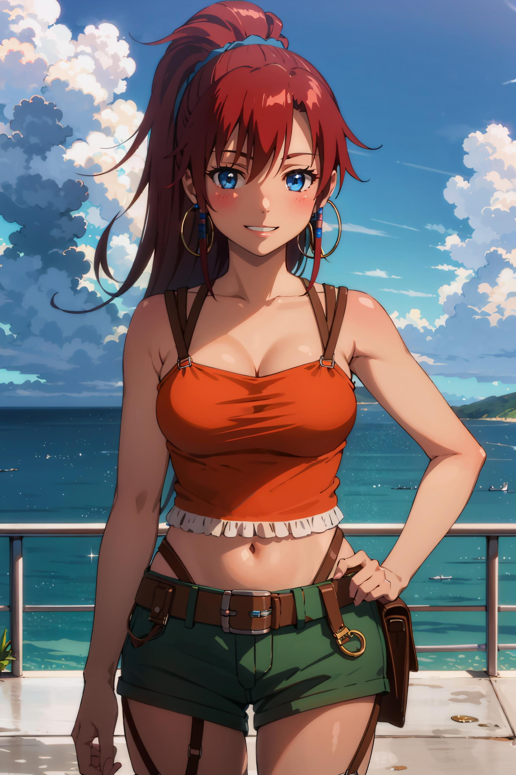 best quality, (masterpiece:1.2), detailed,<lora:chara_SuiseiNoGargantia_Bellows_v1:0.8>, bellows sng,1girl, solo, light blush, smile, closed mouth,(dark skin:1.2), adult, red hair, ponytail, blue eyes, hoop earrings, medium breasts,orange tank top, cleavage, green shorts, brown belt, navel, garter straps, white thighhighs,standing, looking at the viewer,ocean, cloud