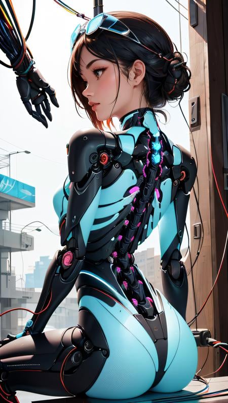 (best quality, masterpiece, perfect face, beautiful and aesthetic:1.2, colorful, dynamic angle, highest detailed face)((Full shot)), (highly detailed illustration), ((Chest covered)), ((1mechanical girl)), solo, (lucid, transparent, nacre exoskeleton) ((upper torso hanging by luminiscent wires)), ((Hanging by luminiscent wires and luminiscent tubes)), (machine made joints:1.2), ((machanical limbs)), (blood vessels connected to tubes), (mechanical vertebra attaching to back), ((mechanical cervial attaching to neck)), (sitting), (chest covered), (luminiscent wires and luminiscent cables attaching to neck:1.2), (luminiscent wires and luminiscent cables on head:1.2), (character focus), science fiction, extreme detailed, colorful, 35mm, bokeh, 9:16, (intricate details, hyperdetailed:1.15), detailed, sunlight passing through hair (high contrast, official art, extreme detailed, highest detailed),