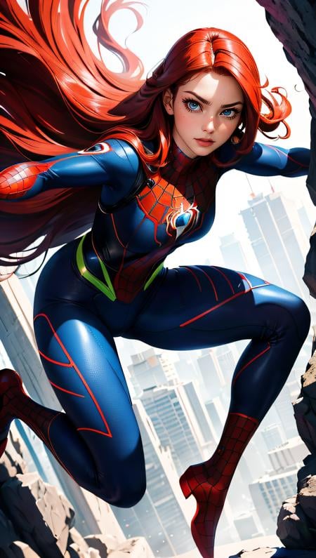 (best quality, masterpiece, perfect face, beautiful and aesthetic:1.2, colorful, dynamic angle, highest detailed face) full body photo, fashion photography of cute, intense red long hair, Mary Jane in spiderman cosplay, in fighting pose, 35mm, bokeh, 9:16, (intricate details, hyperdetailed:1.15), detailed, sunlight passing through hair (high contrast, official art, extreme detailed, highest detailed),