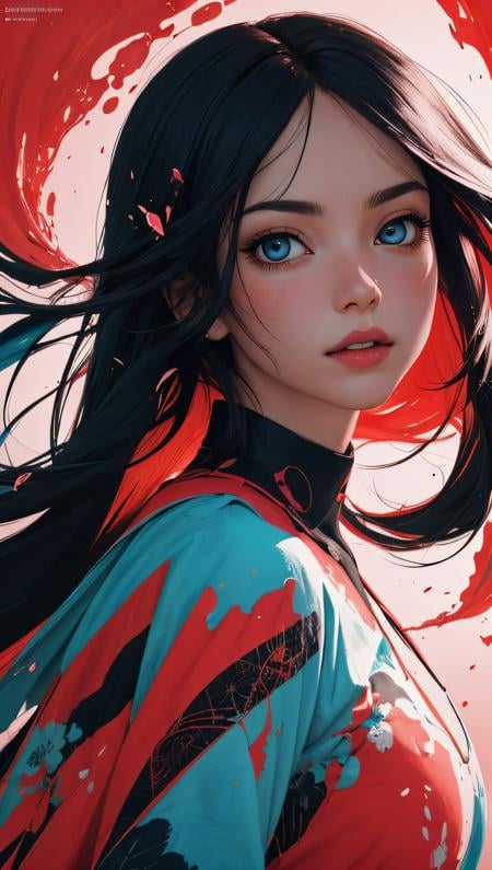 (best quality, masterpiece, perfect face, beautiful and aesthetic:1.2, colorful, dynamic angle, highest detailed face) a girl, illustration, cover art, (black:1.2), portrait , coral background, splash, high contrast colors, muted colors, high contrast, , 35mm, bokeh, 9:16, (intricate details, hyperdetailed:1.15), detailed, sunlight passing through hair (high contrast, official art, extreme detailed, highest detailed),