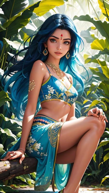 (best quality, masterpiece, beautiful and aesthetic:1.2, colorful, dynamic angle) fullbody photo, sexy indian model girl with blue hair, caramel skin, in lush jungle with flowers, 35mm, bokeh, 9:16, (intricate details, hyperdetailed:1.15), detailed, sunlight passing through hair (high contrast, official art, extreme detailed, highest detailed),