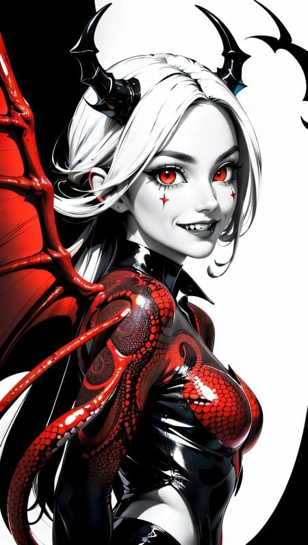 (best quality, masterpiece, perfect face, beautiful and aesthetic:1.2)1 succubusgirl, gothic, demon wings, mischievous smile, vampire long fangs (abstract art), half demon, high contrast, red, black and white,(abstract art), half demon, crimson red snake pupils eyes, high contrast (intricate details, hyperdetailed:1.15), detailed, (high contrast, official art, extreme detailed, highest detailed),