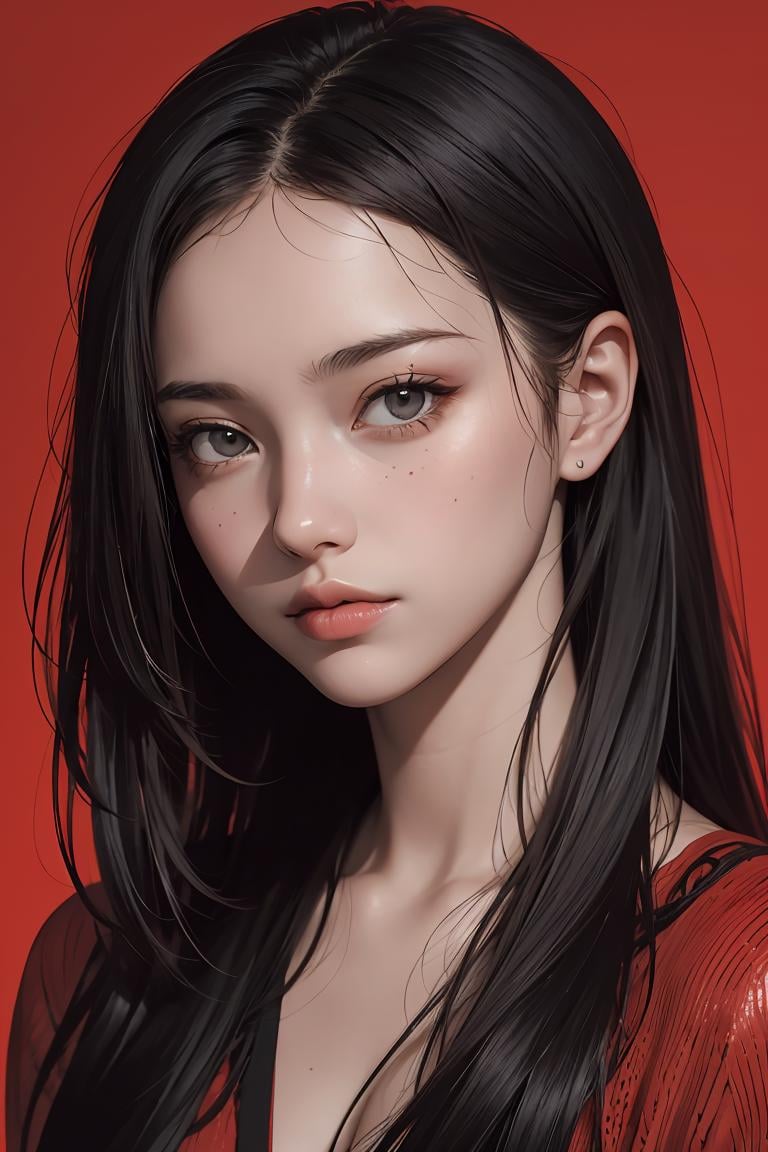 a 20 yo woman,long hair,dark theme, soothing tones, muted colors, high contrast, (natural skin texture, hyperrealism, soft light, sharp),red background,simple background, <lora:GoodHands-vanilla:1>,