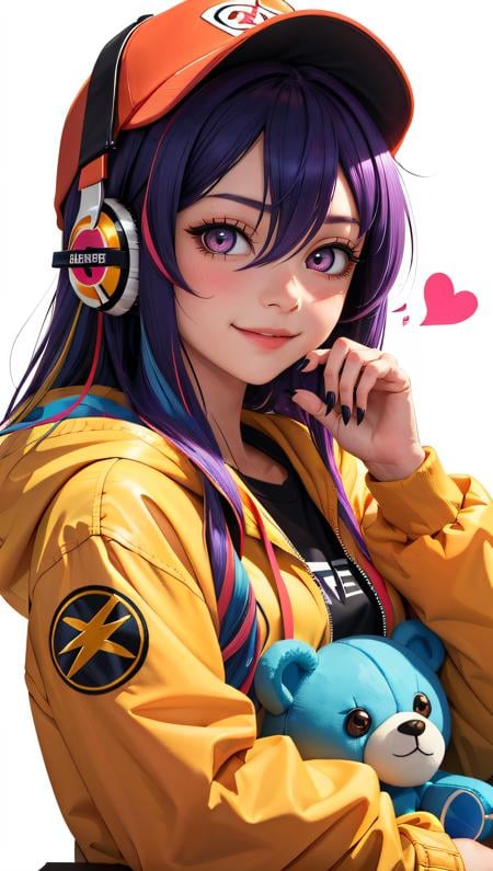 (best quality, masterpiece) 1girl, teddy bear, baseball cap, hat, solo, stuffed animal, stuffed toy, smile, long hair, hood down, jacket, hood, headphones, closed mouth, purple hair, long sleeves, fingernails, nail polish, sleeves past wrists, looking at viewer, multicolored eyes, bangs, hooded jacket, yellow nails, red jacket, multicolored nails, hair ornament, object hug, blush, red nails, white headwear, upper body, purple eyes, claw pose, heart, black headwear, hand up, bow, hoodie, hairclip, nail art, button badge, very long hair, hair between eyes, orange nails, puffy long sleeves, puffy sleeves, black bow, badge, holding, drawstring, red eyes, pink nails, star (symbol), multicolored hair, blue nails, holding stuffed toy, lightning bolt symbol, colorful, looking to the side