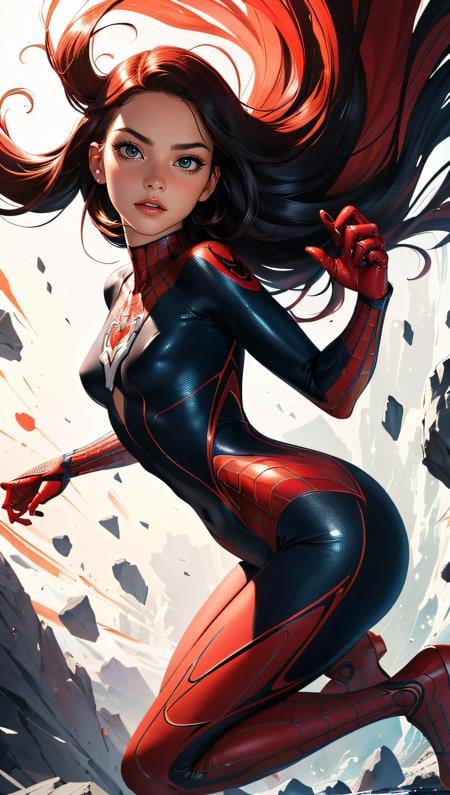 (best quality, masterpiece, colorful, dynamic angle, highest detailed)upper body photo, fashion photography of a cute  full body photo, fashion photography of cute, intense red long hair, Mary Jane in spiderman cosplay, in fighting pose,  (intricate details, hyperdetailed:1.15), detailed, light passing through hair, (official art, extreme detailed, highest detailed),