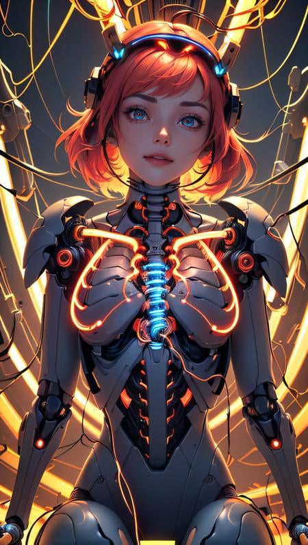 (best quality, masterpiece, colorful, dynamic angle, highest detailed(Full shot)), (highly detailed illustration), ((Chest covered)), ((1mechanical girl)), solo, (lucent nacre exoskeleton) ((upper torso hanging by gloing wires)), ((Hanging by glowing wires and glowing tubes)), (machine made joints:1.2), ((machanical limbs)), (blood vessels connected to glowing tubes), (mechanical vertebra attaching to back), ((mechanical cervial attaching to neck)), (sitting), (chest covered), (glowing wires and glowing cables attaching to neck:1.2), (glowing wires and glowing cables on head:1.2), (character focus), science fiction, extreme detailed, colorful,,)(intricate details, hyperdetailed:1.15), detailed, light passing through hair, (official art, extreme detailed, highest detailed),