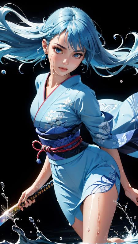 (best quality, masterpiece, colorful, dynamic angle, highest detailed)full body photo, ull body photo epic realistic, (close up), 1girl, floating blue_hair, long hair, (water:0.7), waterdrop, wet, holding_katana, blue_kimono with intricate pattern, ultra detailed, (textured_clothing), black_background,  (intricate details, hyperdetailed:1.15), detailed, light passing through hair, (official art, extreme detailed, highest detailed),