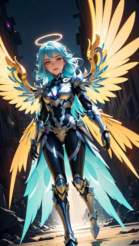 (best quality, masterpiece, colorful, dynamic angle, highest detailed)upper body photo, full body photo, fashion photography of cute mechangel, glowing 4 wings, solo, glowing armor, glowing halo, building, glowing mechanical 4 wings (intricate details, hyperdetailed:1.15), detailed, light passing through hair, (official art, extreme detailed, highest detailed),