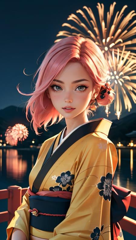 (best quality, masterpiece, colorful, dynamic angle, highest detailed)upper body photo, fashion photography of cute european girl with iridiscent pink hair, flirting with POV, in traditional japanese gold&black kimono, ultra detailed kimono textures, high contrast, night, kyoto, fireworks,  (intricate details, hyperdetailed:1.15), detailed, moonlight passing through hair, (official art, extreme detailed, highest detailed),