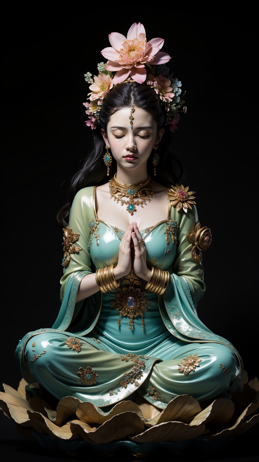 <lora:彩佛:0.9>,cf,1girl,jewelry,closed eyes,solo,flower,earrings,sitting,necklace,own hands together,bracelet,black background,hair ornament,hair flower,praying,colored skin,dress,facing viewer,simple background,full body,