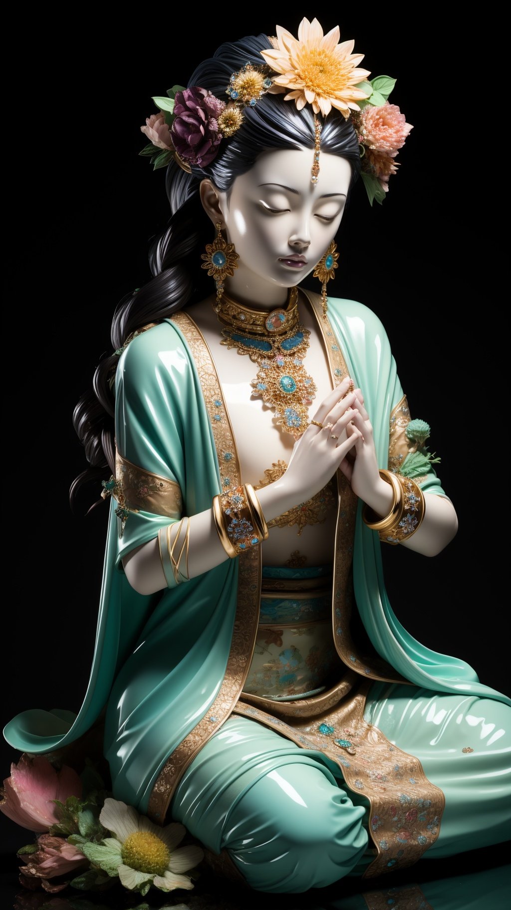 <lora:彩佛:0.9>,cf,1girl,jewelry,closed eyes,solo,flower,earrings,sitting,necklace,own hands together,bracelet,black background,hair ornament,hair flower,praying,colored skin,dress,facing viewer,simple background,full body,