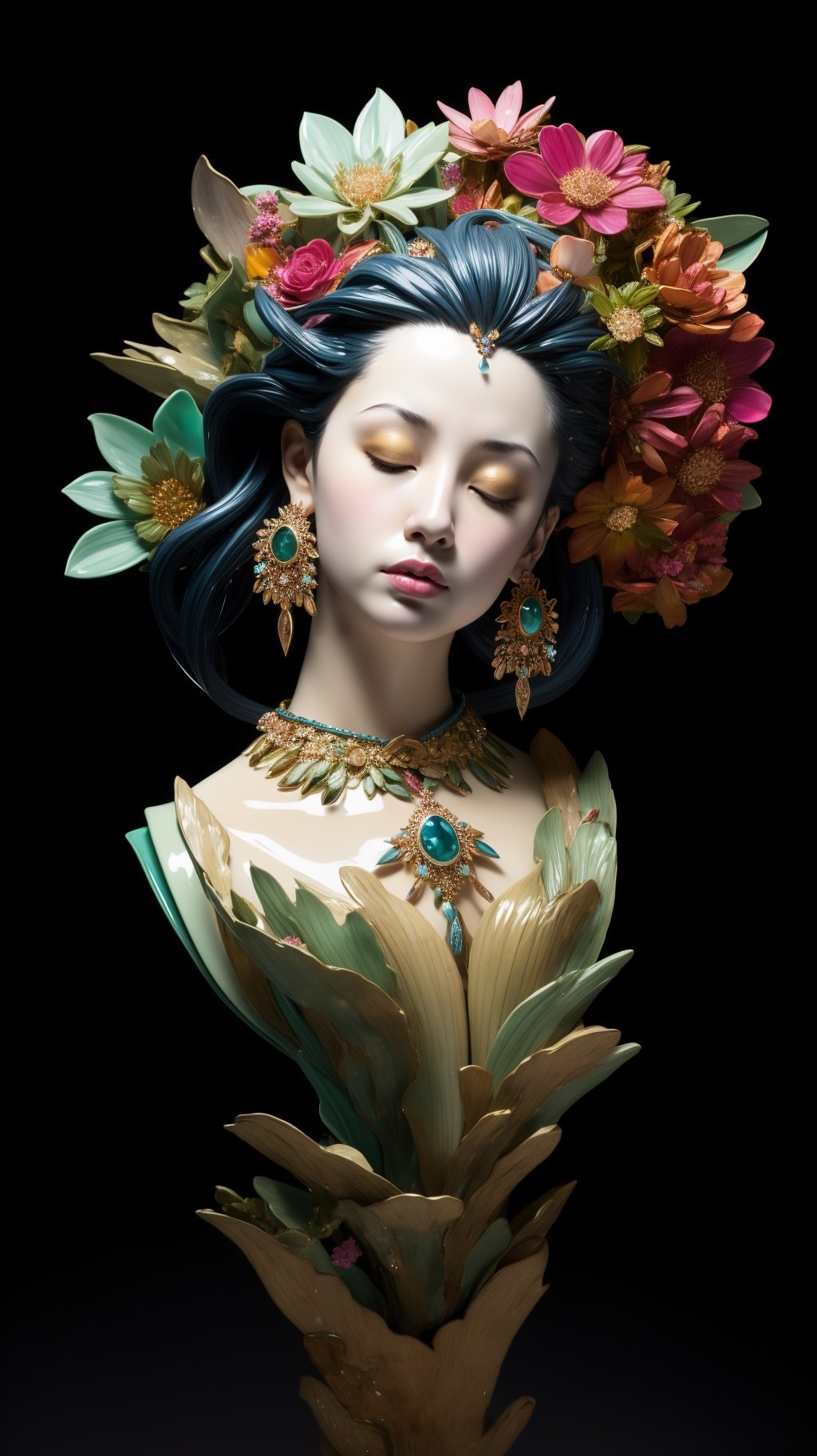 <lora:彩佛:0.9>,cf,1girl,solo,closed eyes,jewelry,flower,hair ornament,black background,earrings,hair flower,lips,simple background,colored skin,gem,parted lips,realistic,(full body:1.3),(gradient eye:1.2),