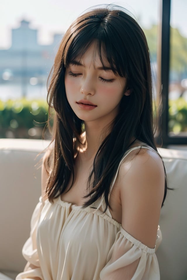 cinematic film still 1girl,closed eyes,light blue,Straight hair,long hair,light cream,upper body,light simple background,looking at viewer,blunt bangs,, . shallow depth of field, vignette, highly detailed, high budget, bokeh, cinemascope, moody, epic, gorgeous, film grain, grainy