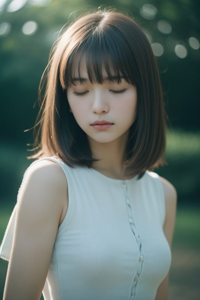 cinematic film still 1girl,closed eyes,light blue,Straight hair,long hair,light cream,upper body,light simple background,looking at viewer,blunt bangs,<lora:质感加强 V1:0.8>, . shallow depth of field, vignette, highly detailed, high budget, bokeh, cinemascope, moody, epic, gorgeous, film grain, grainy