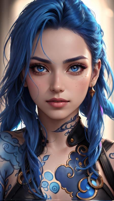 (best quality, masterpiece, colorful, dynamic angle, highest detailed)(Jinx, Legue of Legends, Arcane) upper body professional photo, award winning fashion photography of sexy, intense blue long hair, Jinx  <lora:jinxLeagueOfLegends_v10:1>, Legue of Legends, Arcane, flirting, bokeh, (intricate details, hyperdetailed:1.15), detailed, sunlight passing through hair (official art, colorful art background, extreme detailed, highest detailed, natural skin texture, hyperrealism, soft light, sharp, perfect face),