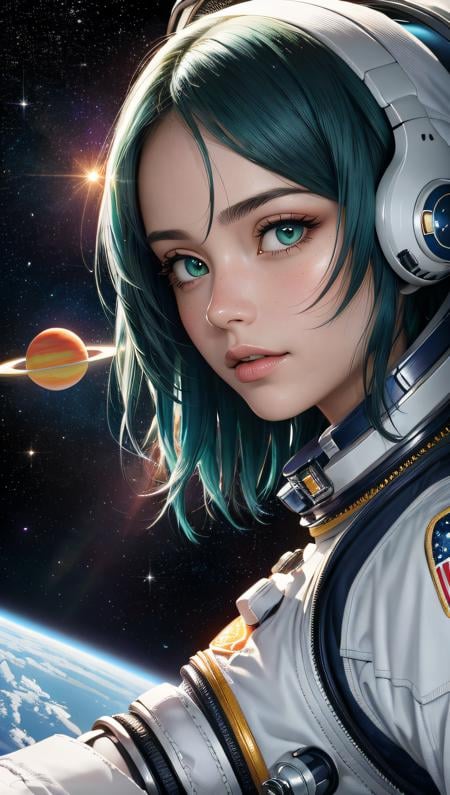 (best quality, masterpiece, perfect face, beautiful and aesthetic:1.2, colorful, dynamic angle, highest detailed face) full body photo, fashion photography of cute astronaut girl with long iridiscent green hair, in space with saturn rings background, 35mm, bokeh, 9:16, (intricate details, hyperdetailed:1.15), detailed, sunlight passing through hair (high contrast, official art, extreme detailed, highest detailed),