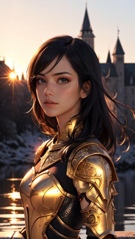 Portrait of a girl, the most beautiful in the world, (medieval gold armor), metal reflections, upper body, outdoors, intense sunlight, far away castle, professional photograph of a stunning woman detailed, perfect bobbed sexy intense black hair, sharp focus, dramatic, award winning, cinematic lighting, volumetrics dtx, (film grain, blurry background, blurry foreground, bokeh, depth of field, sunset,interaction, Perfect chainmail), (masterpiece), (extremely intricate:1.3), (ultra realistic),