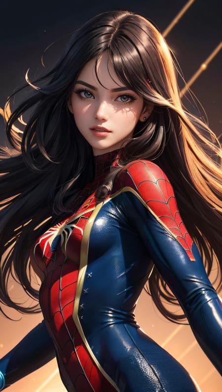 (best quality, masterpiece, colorful, dynamic angle, highest detailed) upper body photo, fashion photography of cute, intense red long hair, \Mary Jane\ in spiderman suit, (ultrahigh resolution textures), in dynamic pose, bokeh, glowing web, (intricate details, hyperdetailed:1.15), detailed, light passing through hair, colorful art flat background, (official art, extreme detailed, highest detailed),