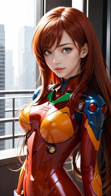(best quality, masterpiece, colorful, dynamic angle, highest detailed)(Asuka Langley), upper body photo, fashion photography of cute red long hair girl (Asuka Langley), dressing high detailed Evangelion red suit (high resolution textures), in dynamic pose, bokeh, (intricate details, hyperdetailed:1.15), detailed, sunlight passing through hair, colorful art background, (official art, extreme detailed, highest detailed),